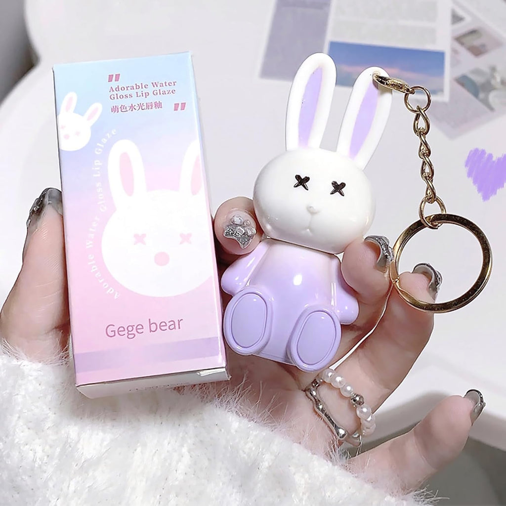 3 Colors Rabbit Lip Glaze Jelly Lipstick, Cute Lipstick Key Chain 2 in 1, Moisturizing Lip Stain Plumping Water Lip Gloss Waterproof Long Lasting Liptint for Girl(B)
