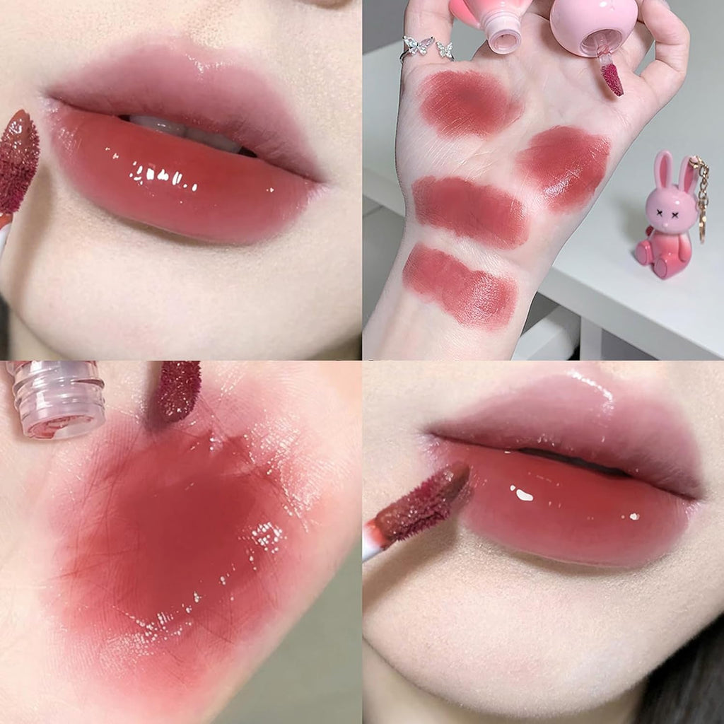 3 Colors Rabbit Lip Glaze Jelly Lipstick, Cute Lipstick Key Chain 2 in 1, Moisturizing Lip Stain Plumping Water Lip Gloss Waterproof Long Lasting Liptint for Girl(B)